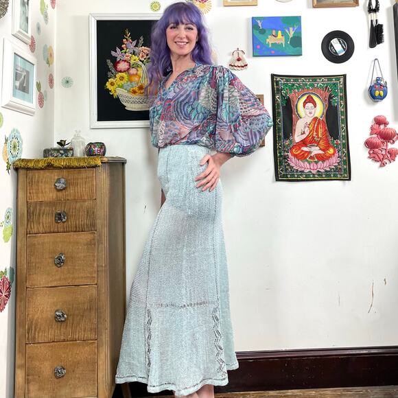 Vintage Mary Farrin Crochet Skirt, 1970s Blue & Silver Open Knit Maxi, Sz XS-S - Picture 4 of 10